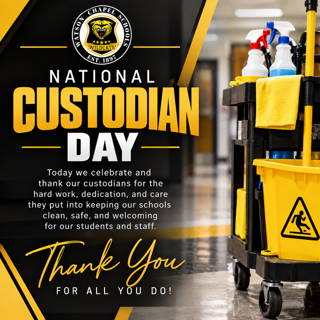 A poster celebrates National Custodian Day, featuring a janitor's cart with cleaning supplies, set against a school hallway background.