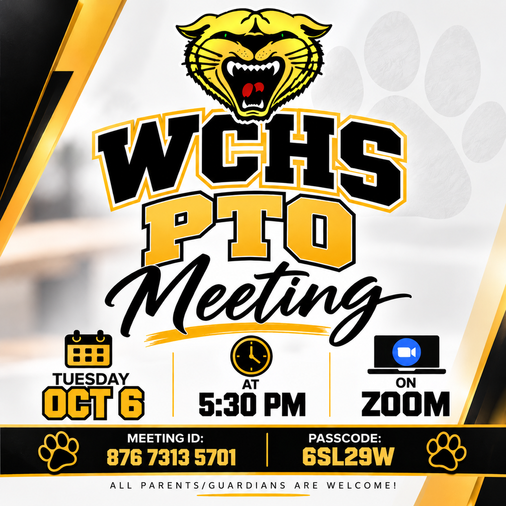 An event poster shows a tiger mascot, "WCCHS PTO Meeting" in bold, date "Oct 6" and time "5:30 PM" with a laptop icon.