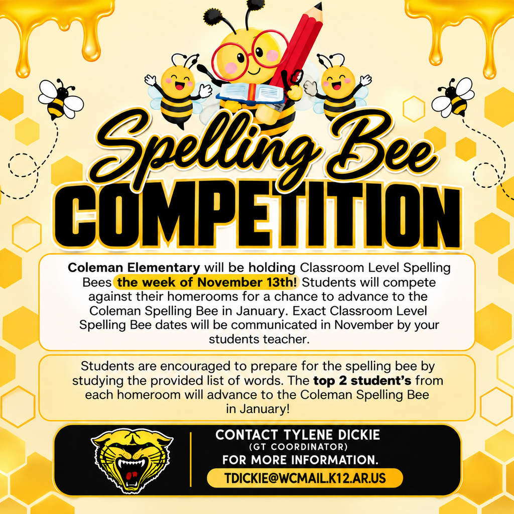 A yellow background with a honeycomb pattern displays text about a spelling bee competition. Text includes event dates and a contact email.