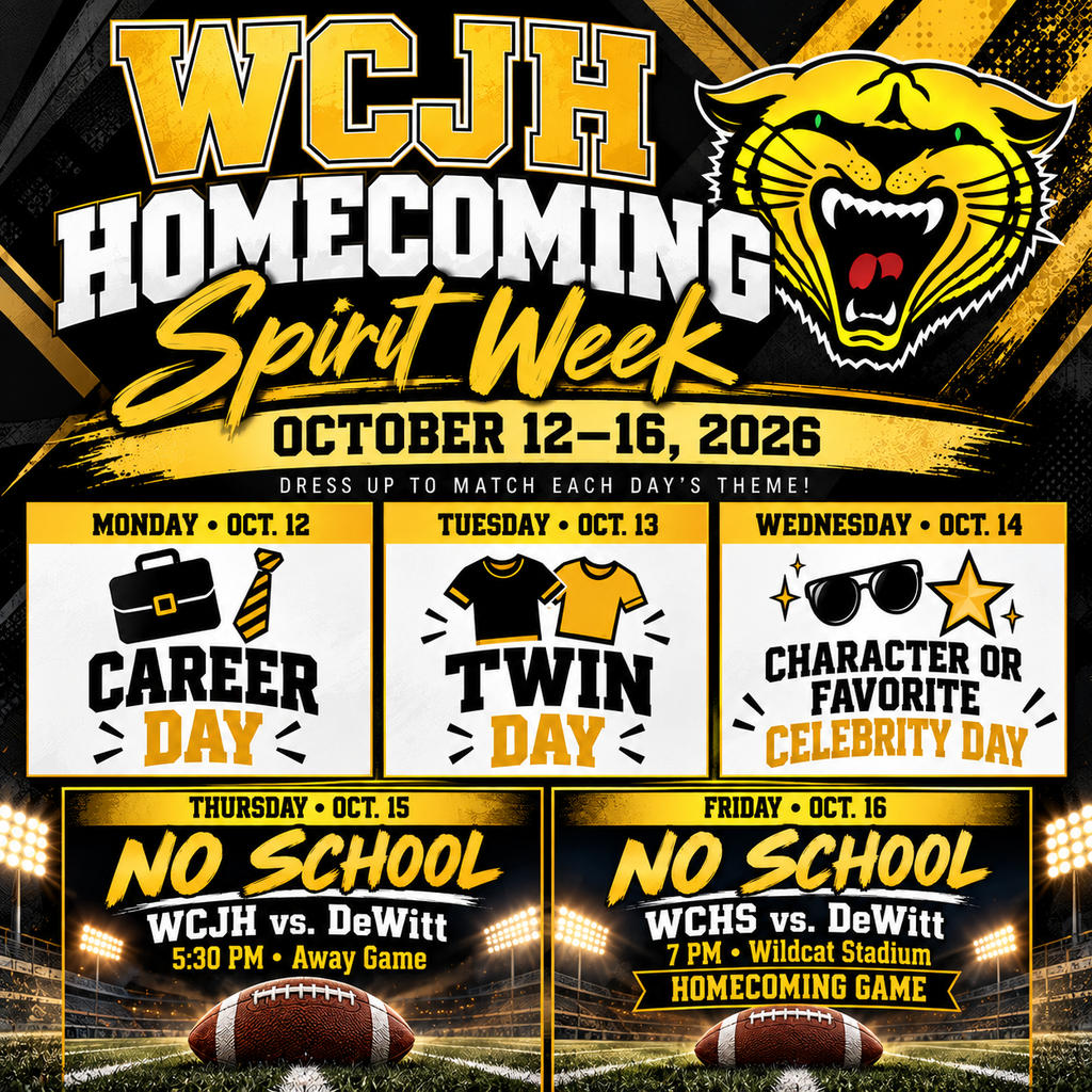 A poster for Homecoming Spirit Week with dates October 12-16, 2026. Monday: Career Day. Tuesday: Twin Day. Wednesday: Character or Favorite Celebrity Day.