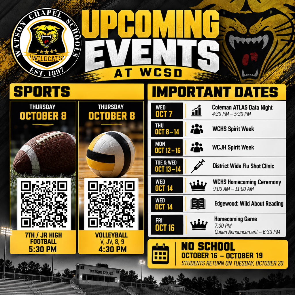 Poster with a tiger image and sports logos, showing upcoming events. Two columns, one for sports and one for important dates.
