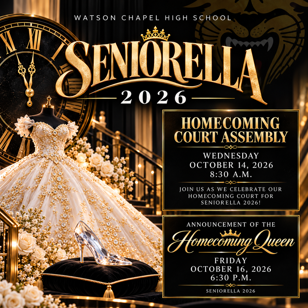 A poster displays the event "Seniorella 2026 Homecoming Court Assembly" with a gown on a mannequin, a clock, and a black velvet cushion.