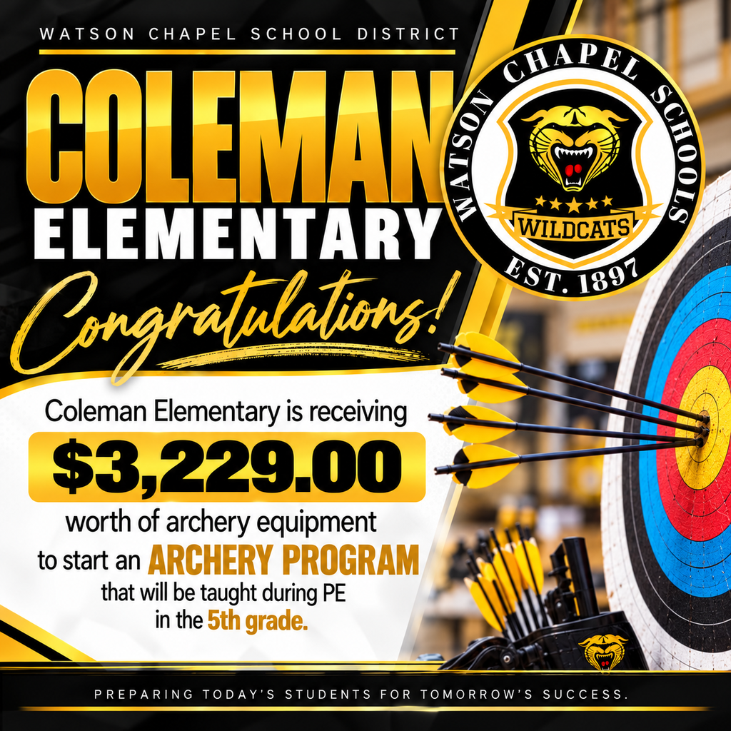 Poster for Coleman Elementary announces $3,229.00 for archery equipment. Arrows and a target are shown.