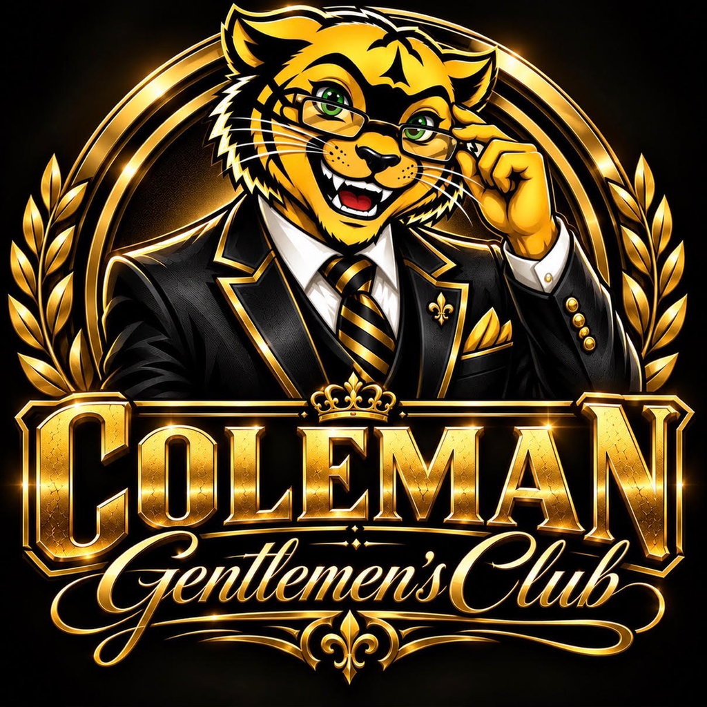 Logo featuring a stylized tiger head in a suit and tie, with "Coleman Gentlemen's Club" written in gold, set against a black background.