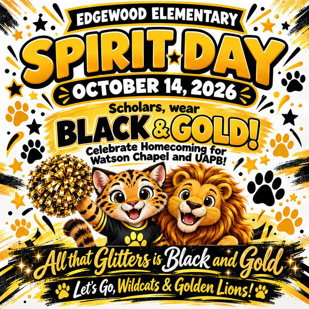 Advertisement poster with a paw print, a cat, and a lion. Text reads, "Edgewood Elementary Spirit Day, October 14, 2026."