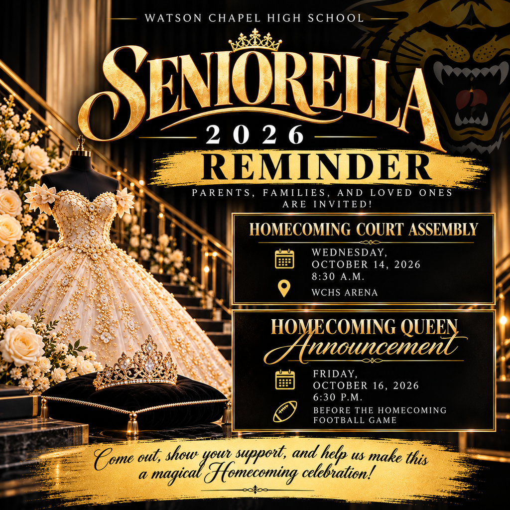 A gold and black design with a dress and floral background. Text reads "SENORELLA 2026 REMINDER". Two event boxes below.