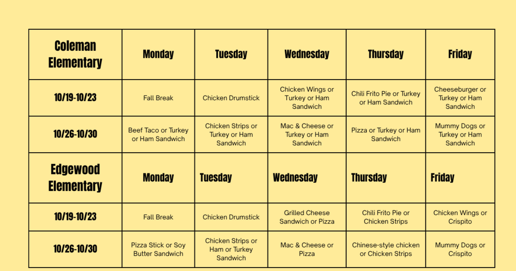 A yellow grid displays meal options for two schools. Dates and meal choices are listed in columns.