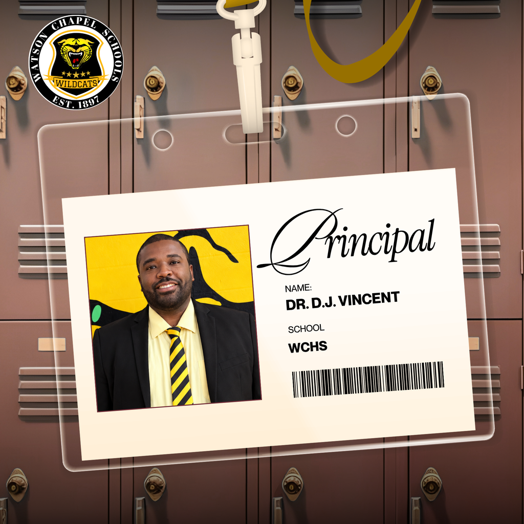 An ID card displaying Principal Dr. D.J. Vincent hangs from a locker. The card has a yellow background.