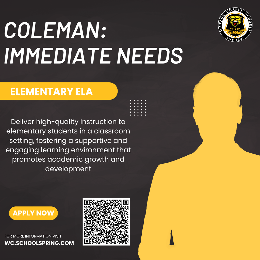 Black background displays job ad. A yellow silhouette of a person faces left. Text reads "Coleman: Immediate Needs" and "Elementary ELA".