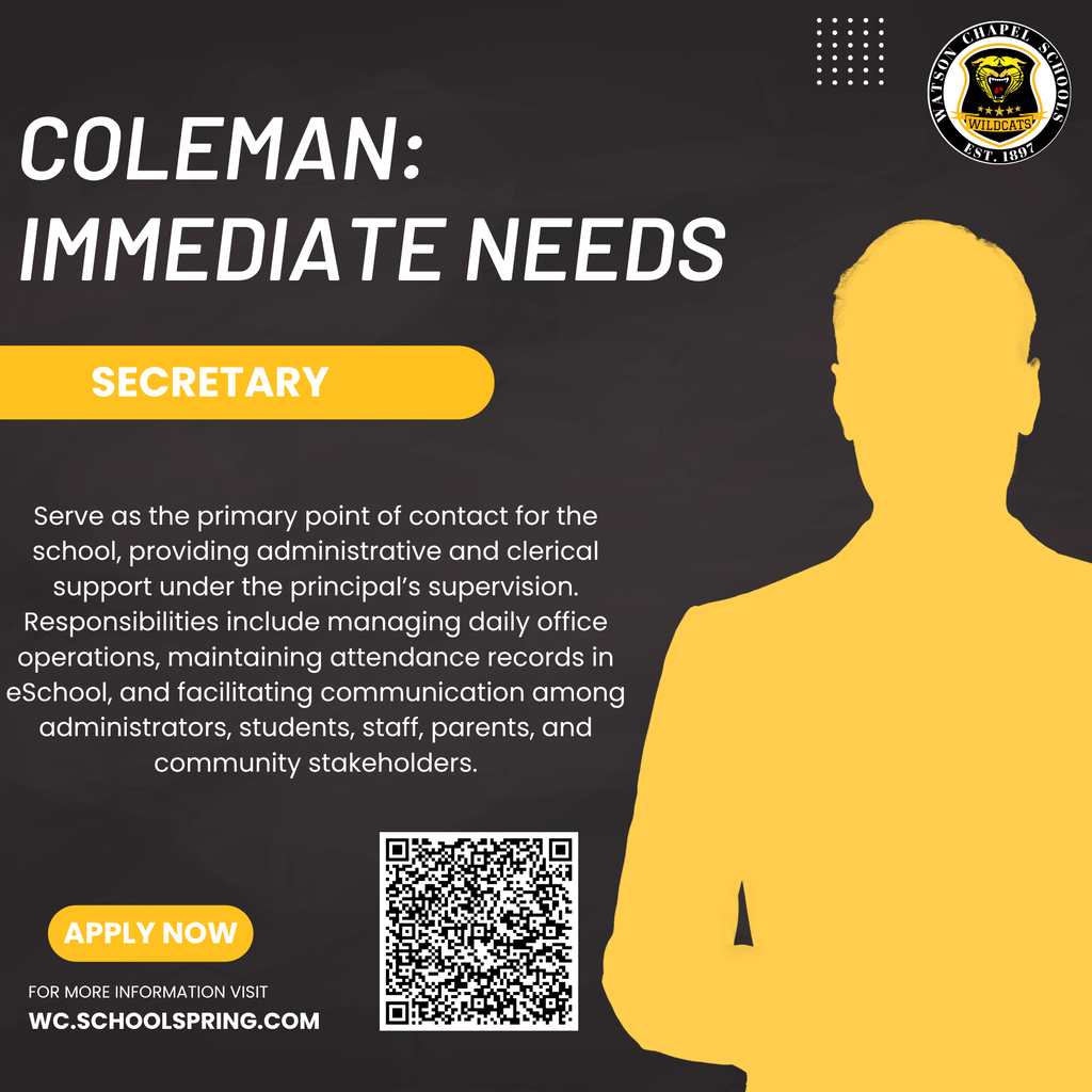 Job posting for Coleman Secretary. Black background with yellow silhouette of person. QR code below.