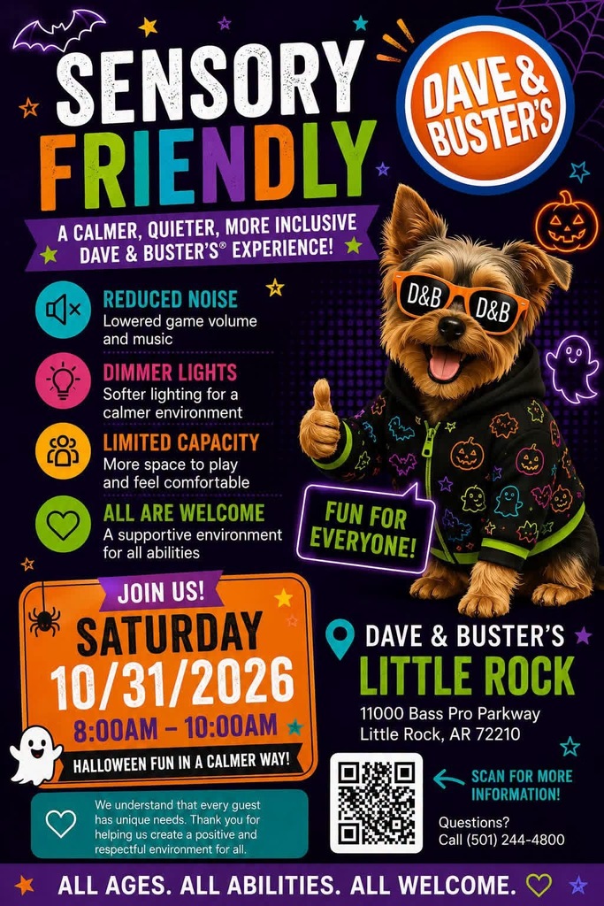 Poster with a dog in a Halloween costume, text, icons, a logo, QR code, and a phone number.