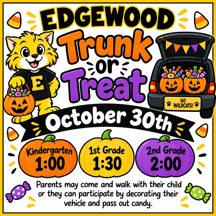 Halloween event poster with cat holding pumpkin, trunk with pumpkins, candy, and pumpkins with grade times.