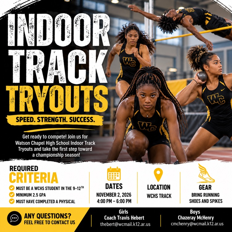 Indoor track tryouts flyer. Four women in black and gold track uniforms. One jumping over a bar.