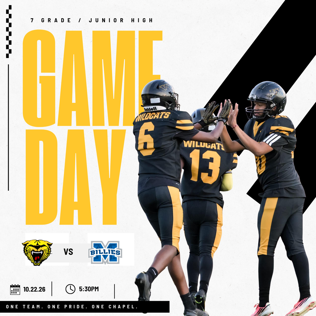 Three players in football uniforms celebrate a win. Text reads "Game Day." Two logos and times are shown below.