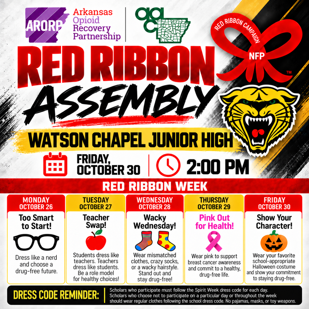 Poster for Red Ribbon Assembly with days and activities listed. Logo with tiger and red ribbon.