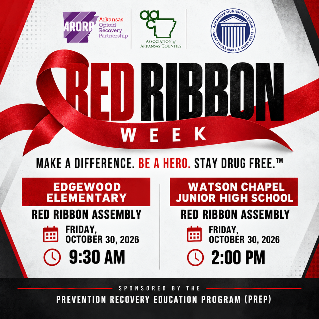 Poster shows red ribbon with "Red Ribbon Week" text. Two assemblies listed for Edgewood and Watson Chapel. Date: October 30, 2026.