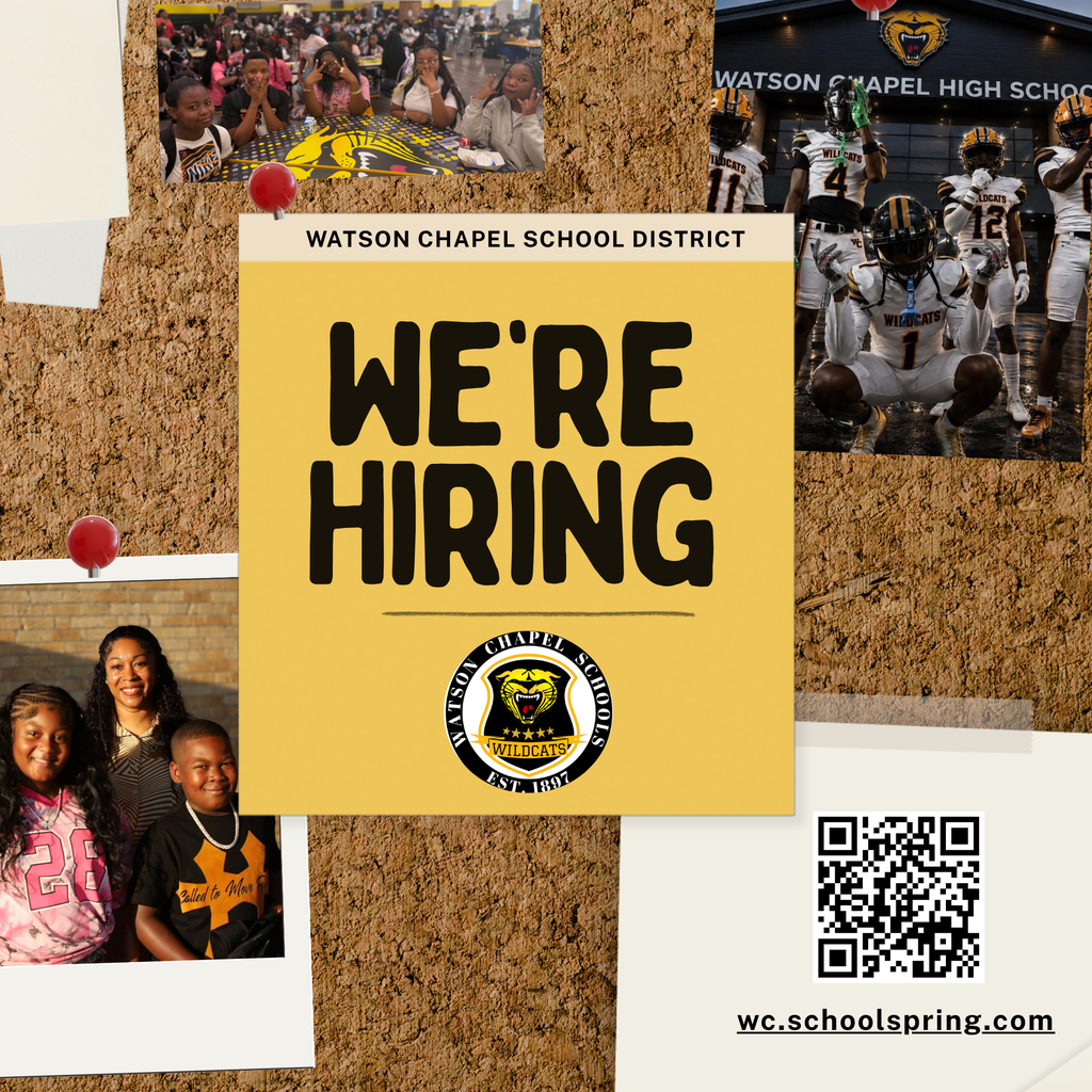 Bulletin board displays "We're Hiring" sign over photos of kids and football team, QR code, and a website address.