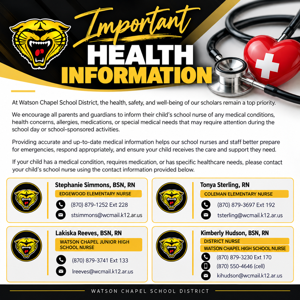 Flyer with a tiger logo, text "Important Health Information", heart, stethoscope, and four school nurses' names, contact numbers, and emails.