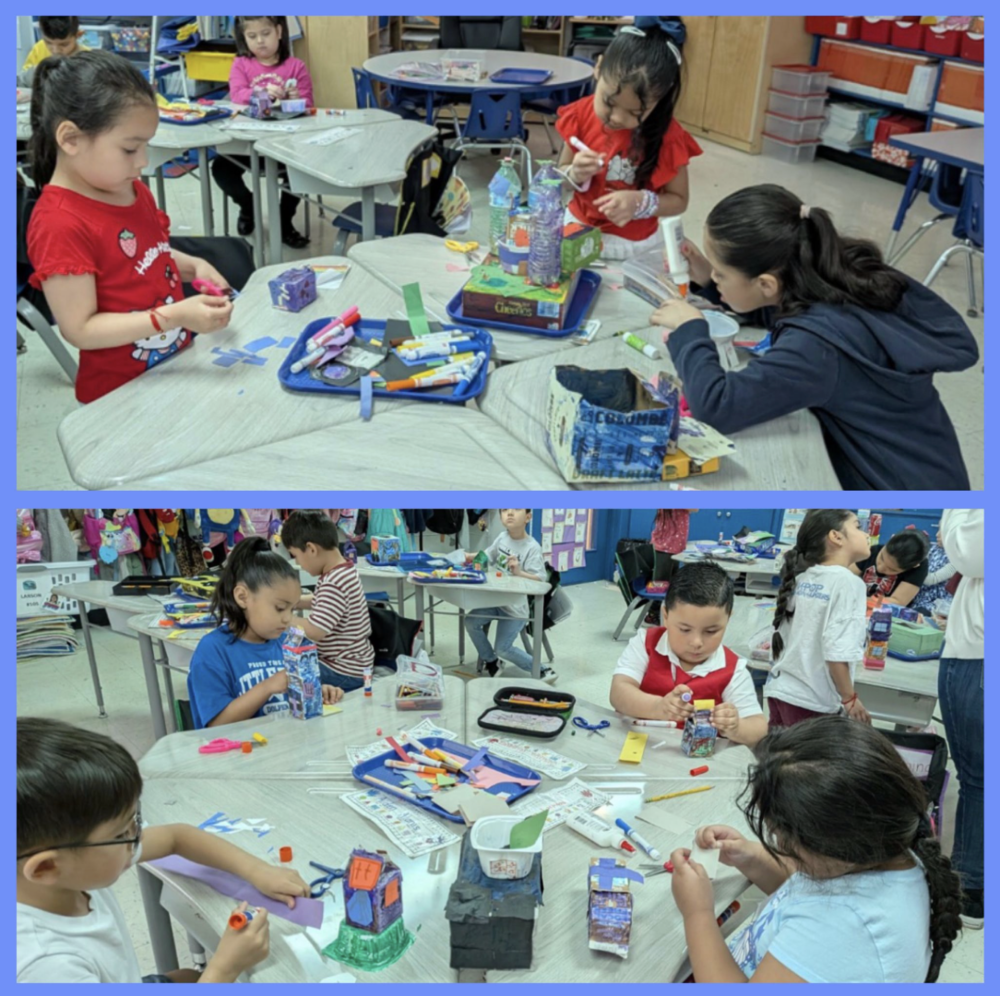 Students sit in table groups inside a classroom, collaborating on crafts using recycled materials like cardboard and bottle caps