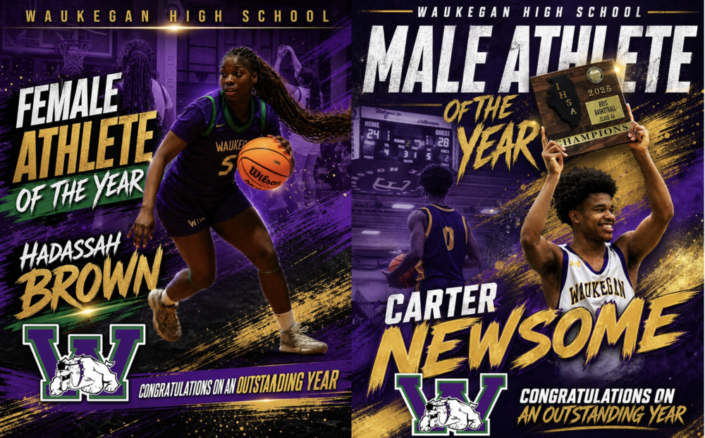 Event flyer announcing the male and female high school Athletes of the Year, displaying their names, sports achievements, and action shots