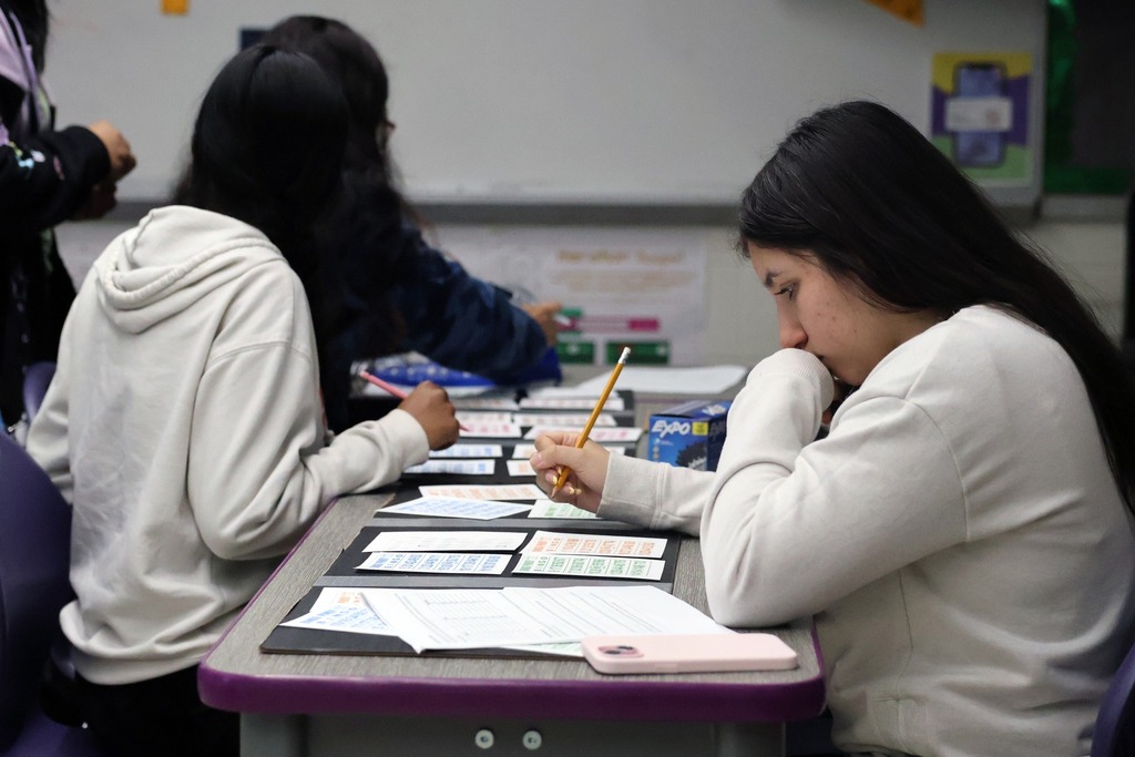 A student holds a pencil while carefully working through statistics exercises on a worksheet
