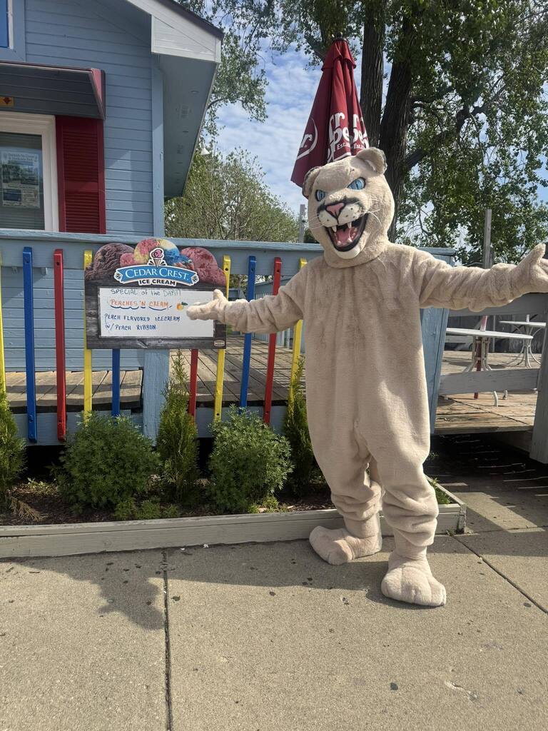 School mascot at the ice cream shop