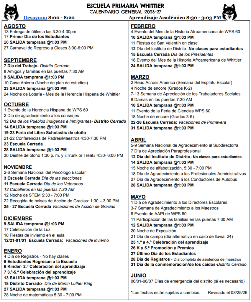 Whittier's Master Calendar in Spanish