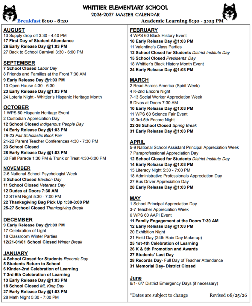 Whittier's Master Calendar in English