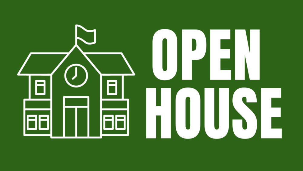 Open House text with a picture of a schoolhouse.