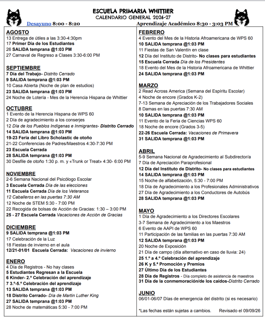 Whittier's Master Calendar Spanish