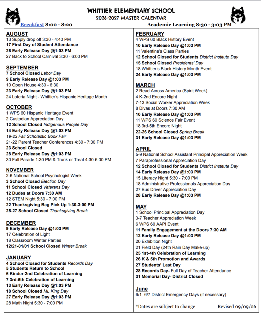 Whittier's Master Calendar in English