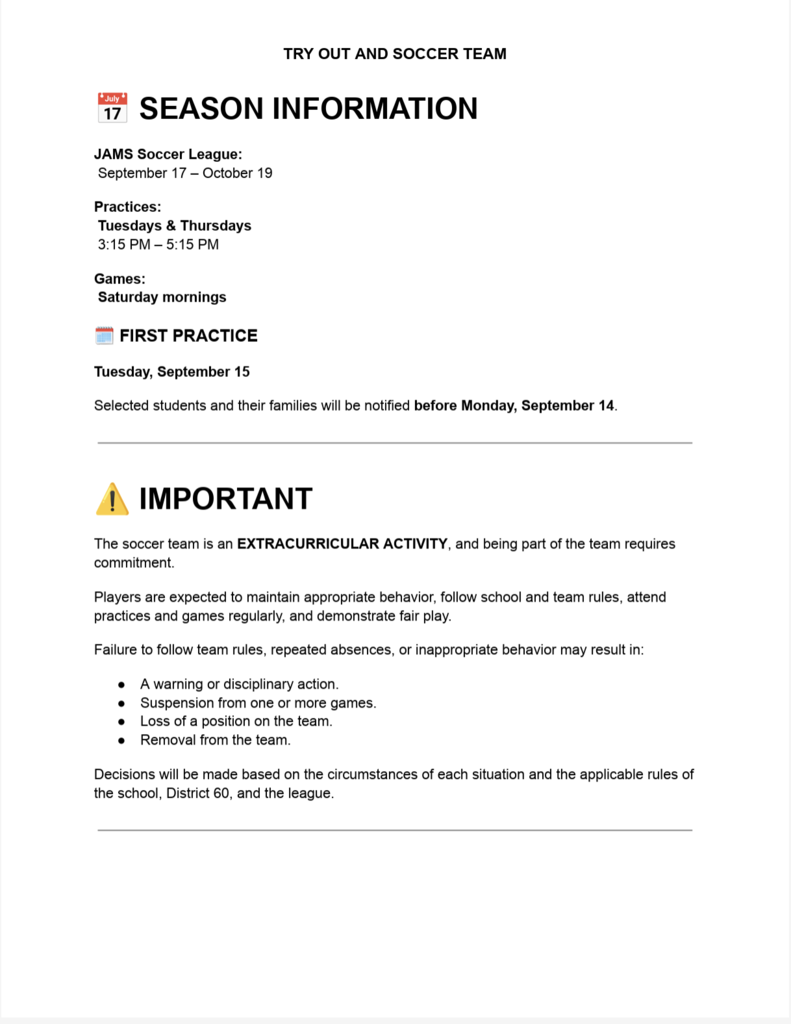 Soccer tryouts and schedule