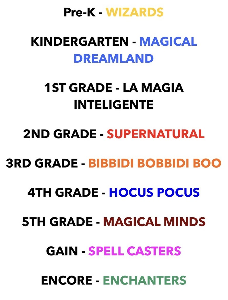 A list of school grade-level teams with magical-themed names: Pre-K – Wizards; Kindergarten – Magical Dreamland; 1st Grade – La Magia Inteligente; 2nd Grade – Supernatural; 3rd Grade – Bibbidi Bobbidi Boo; 4th Grade – Hocus Pocus; 5th Grade – Magical Minds; GAIN – Spell Casters; and Encore – Enchanters. Each team name is displayed in a different bright color.