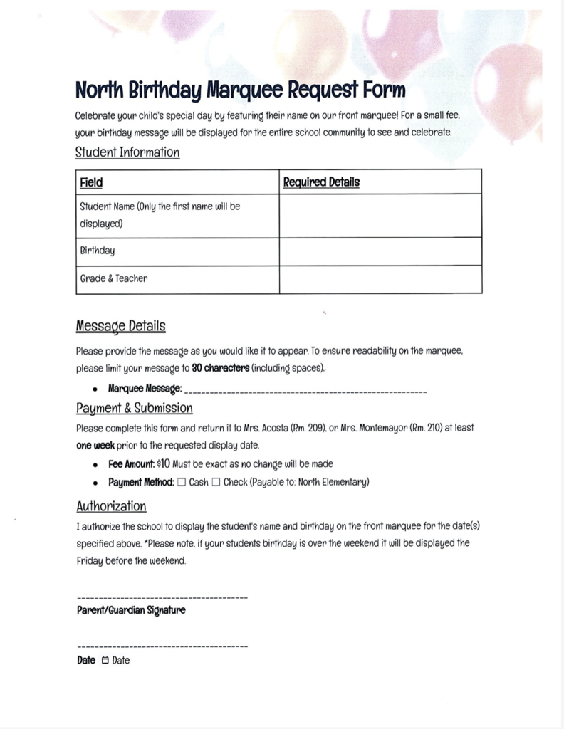 North Birthday marquee Request Form