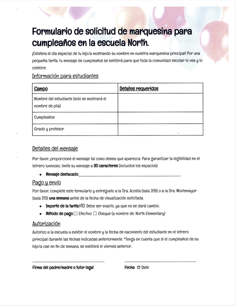 Formulario de Solicitud de Marquesina para cumpleanos en la escuela North