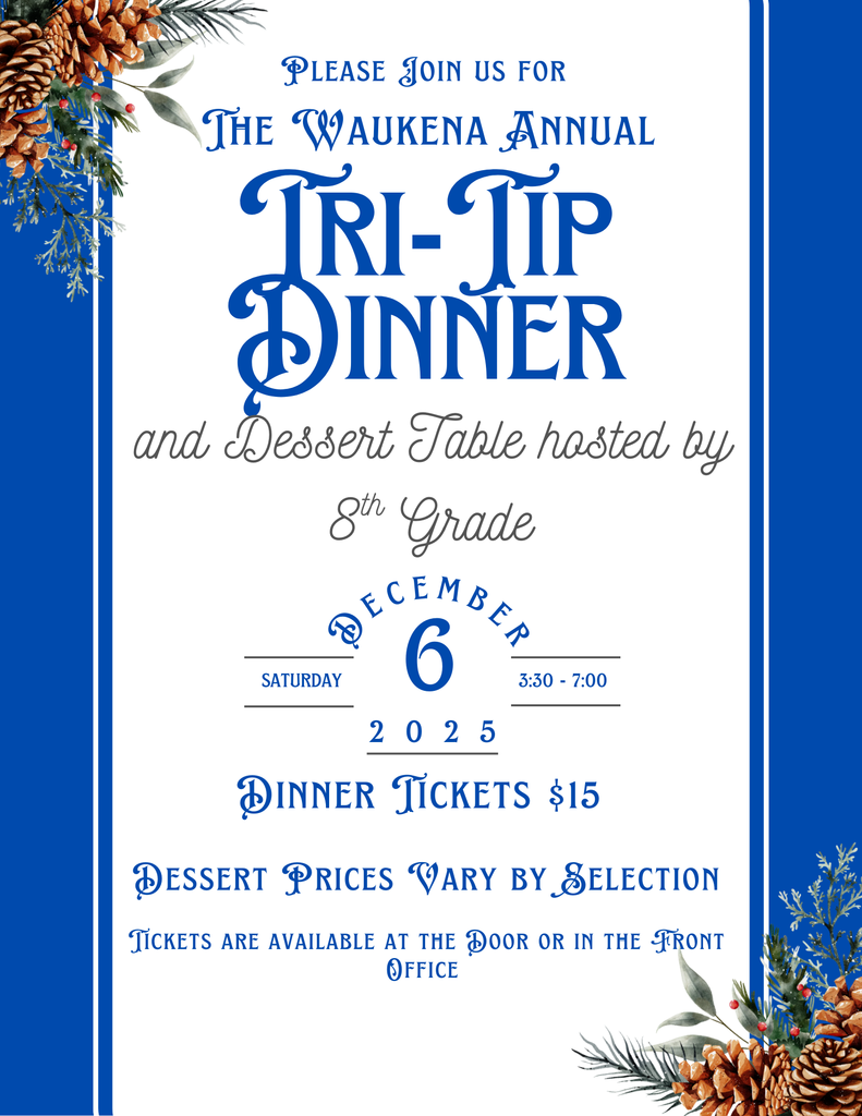 A flyer with blue letters and evergreen plant decor on the corners. Text is the same as the message.