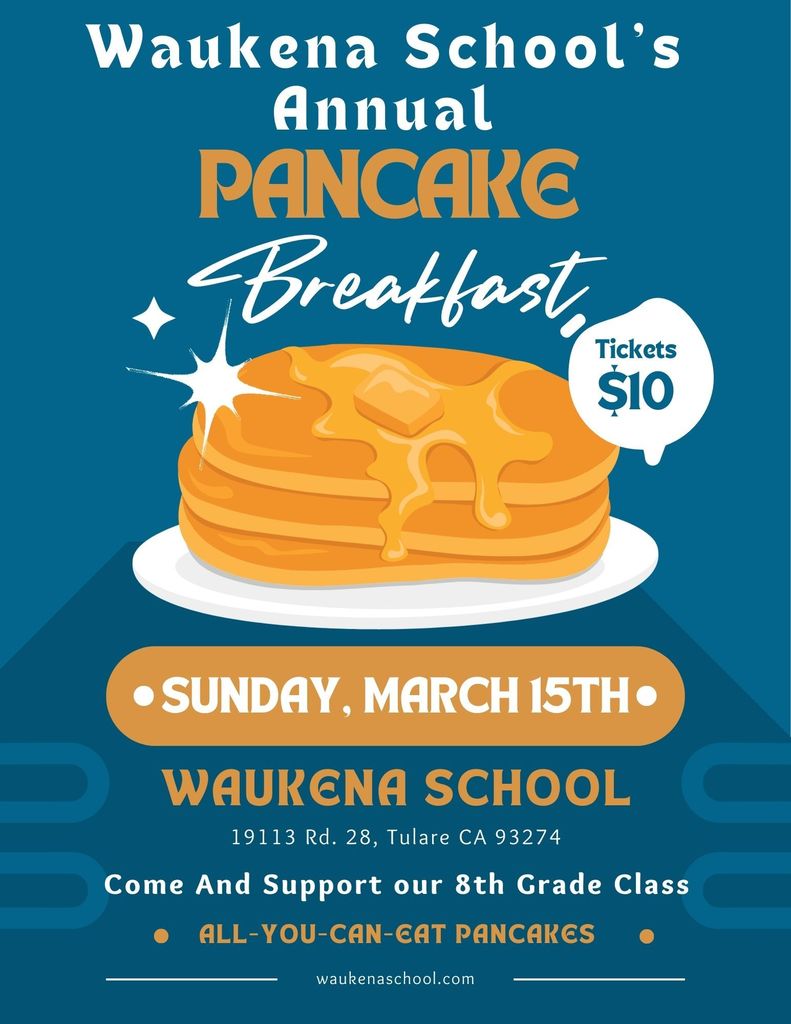 A stack of pancakes with butter and syrup on a blue background with infomration about the pancake breakfast.