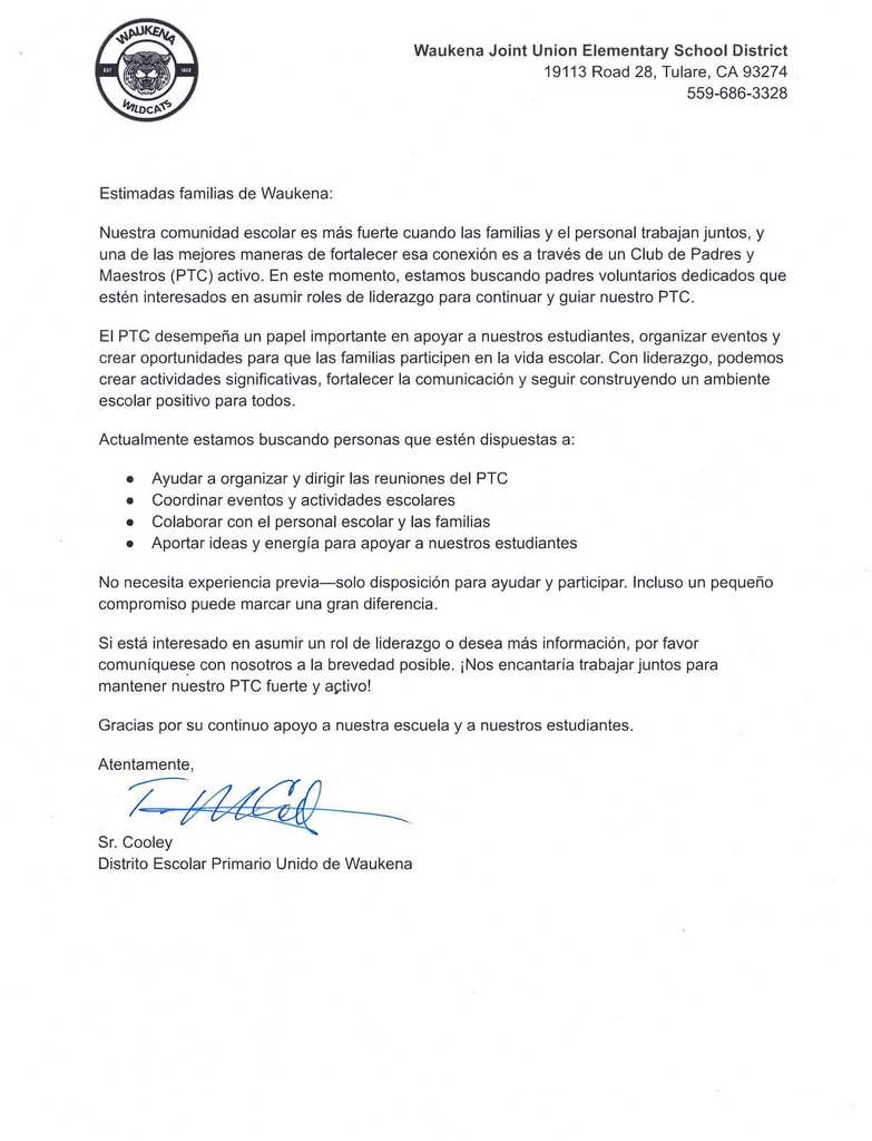 PTC Letter Spanish
