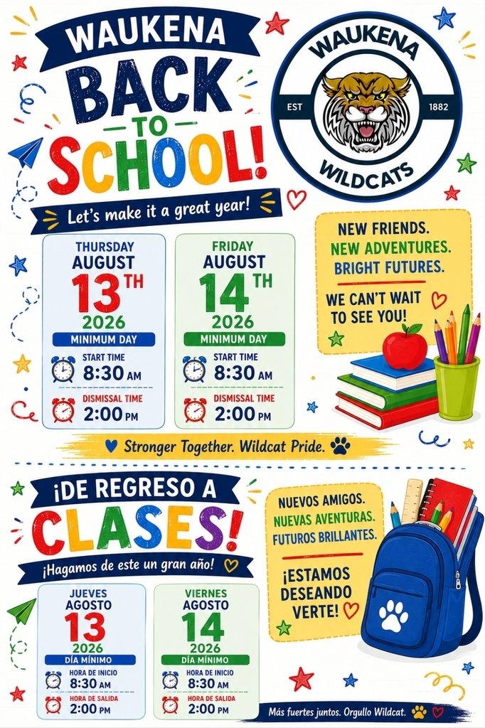 Colorful flyer with back to school images and information about the first two days of school.