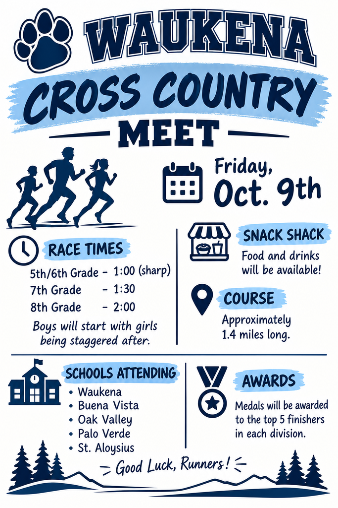 Flyer - Waukena Cross Country Meet - Friday, Oct. 9th - Race Times 1:00 Sharp - Snack Shack-Other Infomation