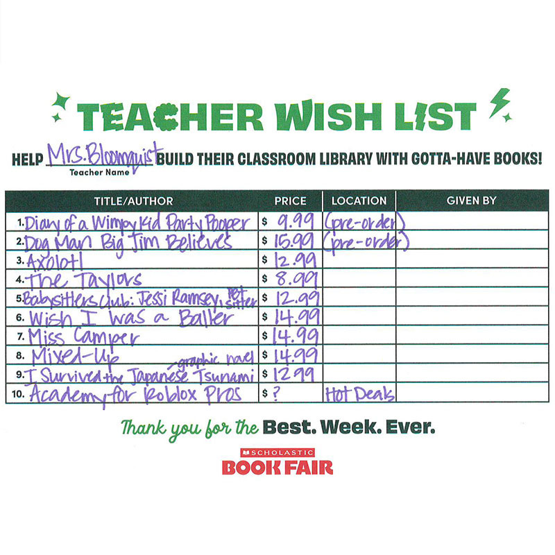 Bloomquist's Scholastic eWallet List Wausa Elementary