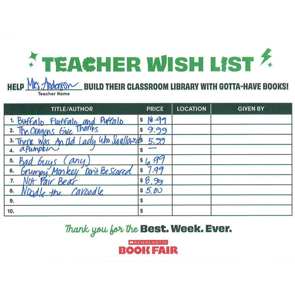Anderson's Scholastic eWallet List Wausa Elementary