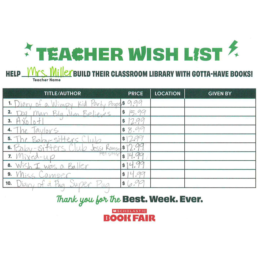 Miller's Scholastic eWallet List Wausa Elementary
