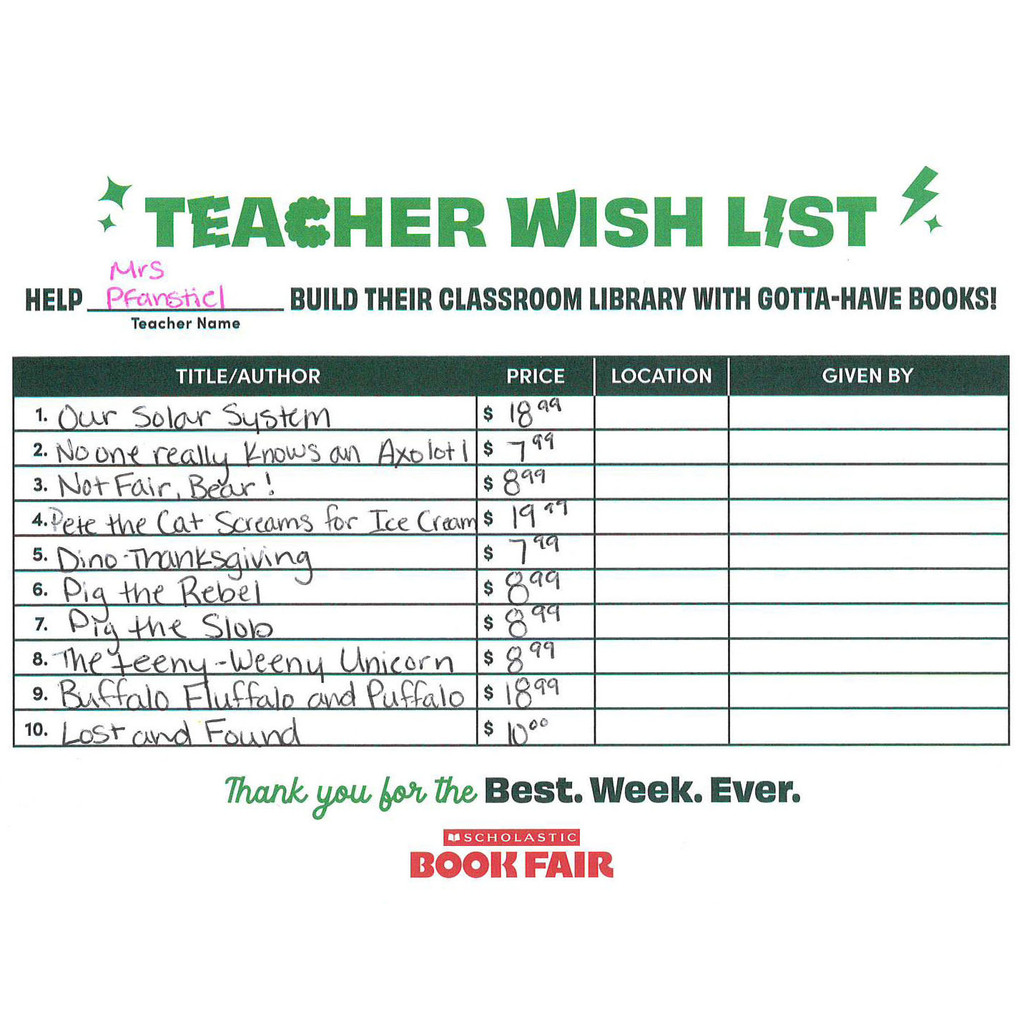 Pfanstiel's Scholastic eWallet List Wausa Elementary