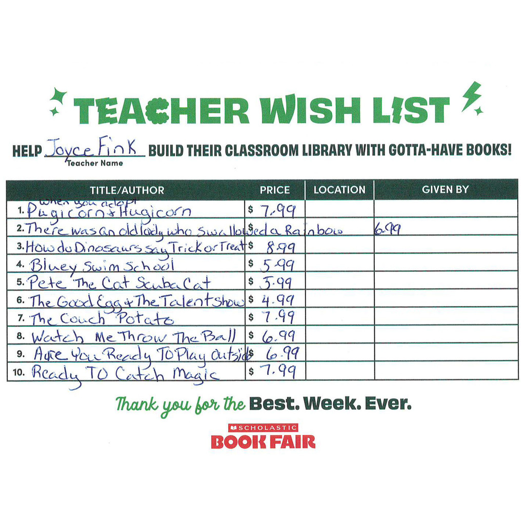 Fink's Scholastic eWallet List Wausa Elementary