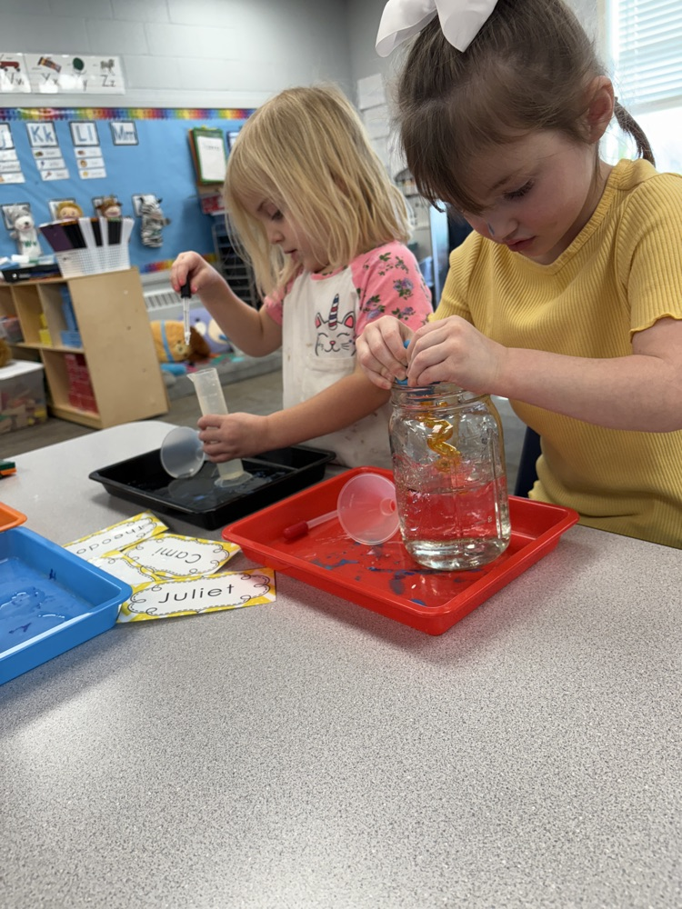 children using eye droppers to transfer water from one container to another