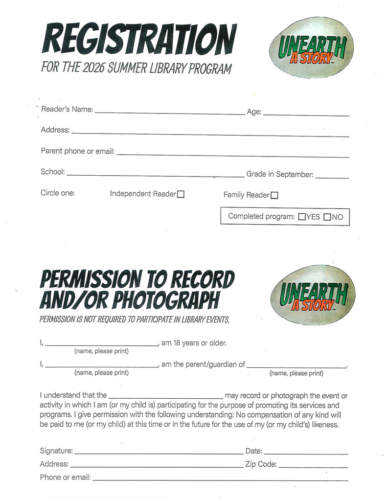 Registration form for the 2026 Summer Library Program - contact Wendy Kettelsen at the Lincoln Township Library in Wausa NE to sign up.