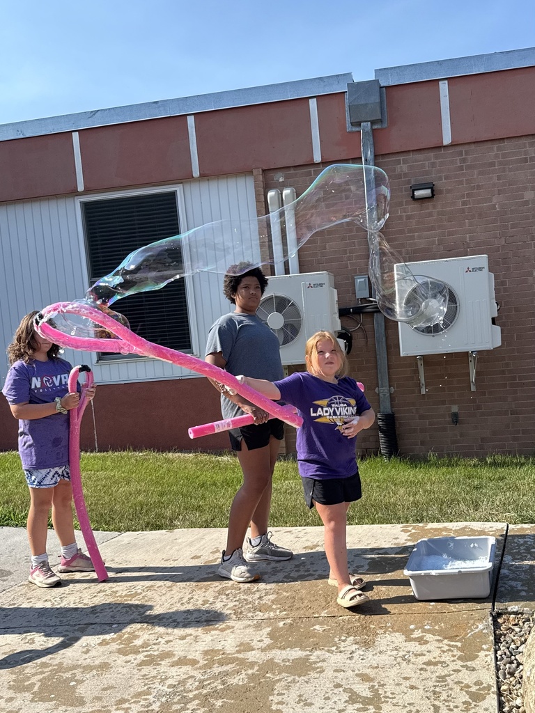 Students use a bubble wand to make giant bubbles.