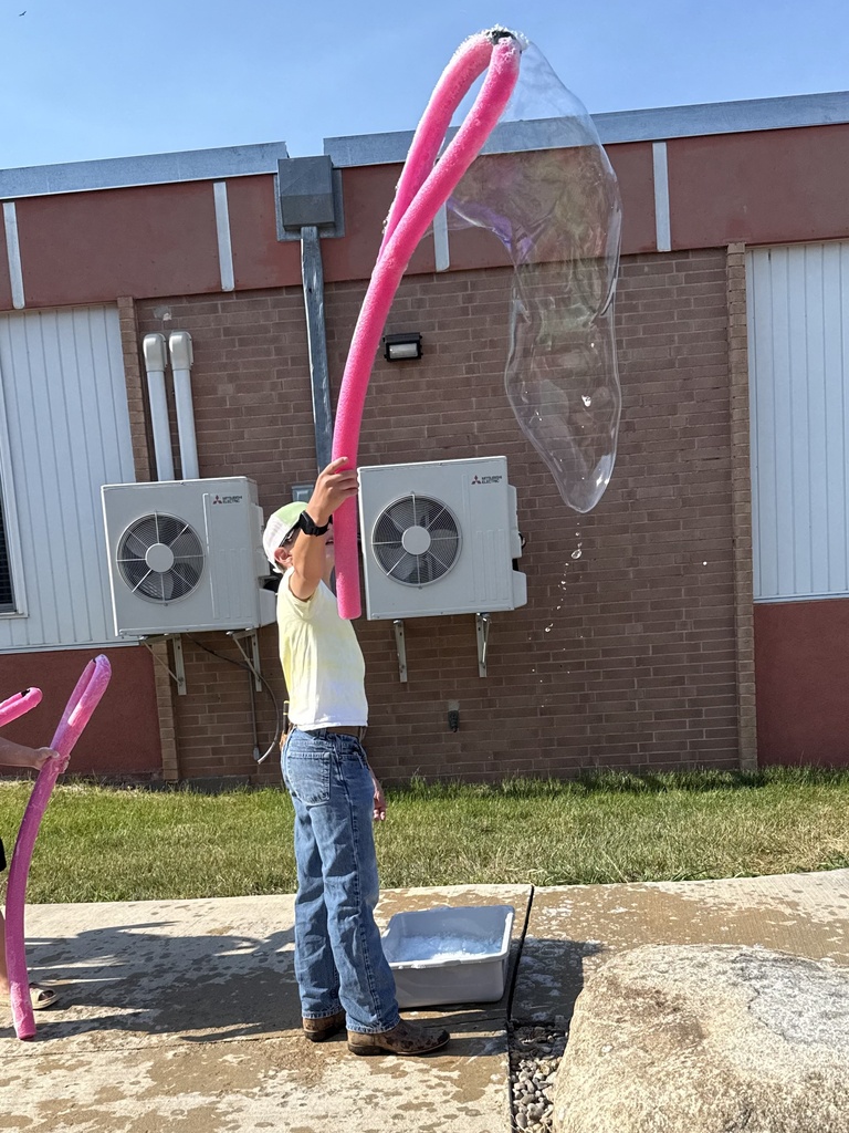 Students use a bubble wand to make giant bubbles.