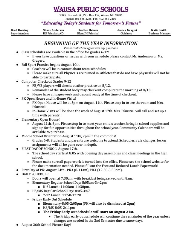 Start of the Year Information Letter